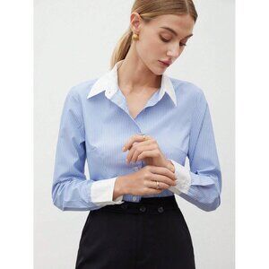 Blue and White Stripe Button-Up Shirt with Contrast Cuffs Minimalist Business